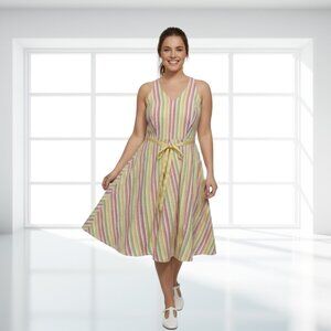 Lily Pastel Stripe Halter Dress Large Ribbon Waist Cotton Blend Fit & Flare